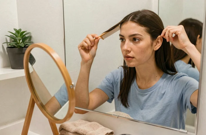 Femme adulte inspectant ses cheveux avec un peigne fin devant un miroir de salle de bain, dépistage domestique des poux et lentes