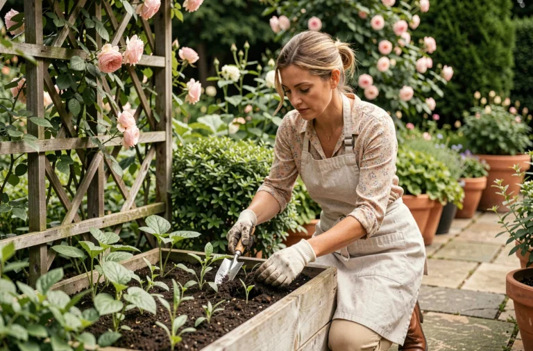 Femme jardinière transplantant des semis dans un potager surélevé entouré de roses grimpantes et de plantes verdoyantes