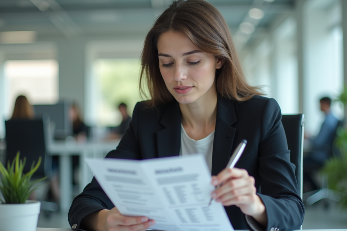 Jeune femme lisant des acronymes au bureau