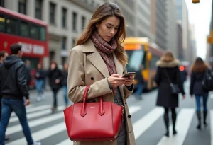 Femme élégante en trench beige et sac rouge dans la ville