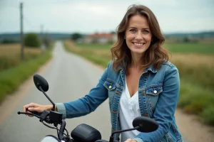Femme souriante avec moto dans la campagne française