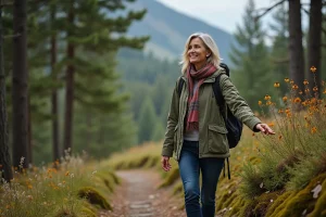 Femme au naturel touchant des fleurs sauvages en forêt
