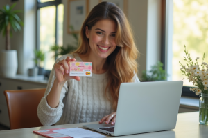 Jeune femme souriante utilisant un ordinateur avec une carte cadeau vacances
