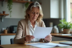 Femme d'âge moyen en cuisine regardant un document