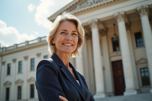Politicienne confiante devant un bâtiment historique