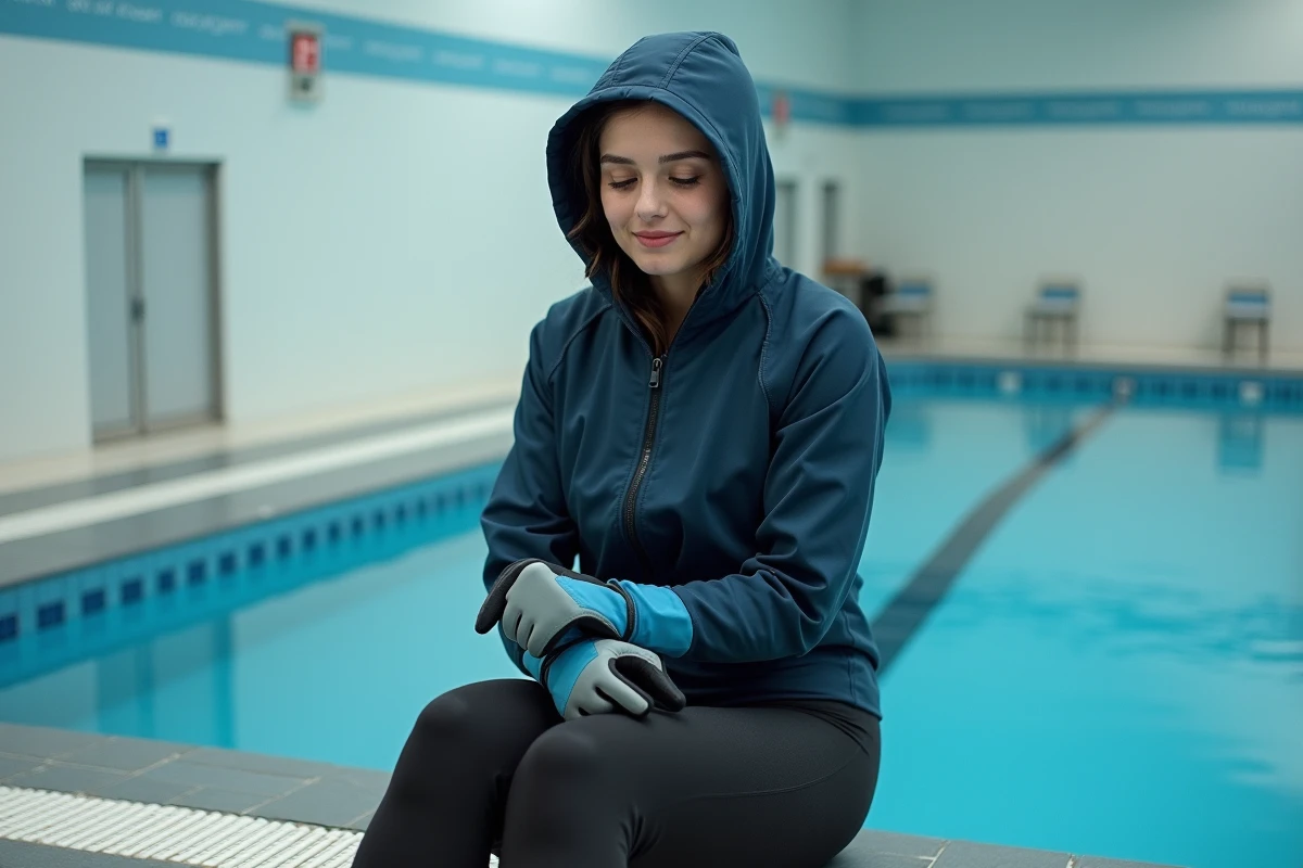 Jeune femme en tenue thermique se préparant dans une piscine intérieure