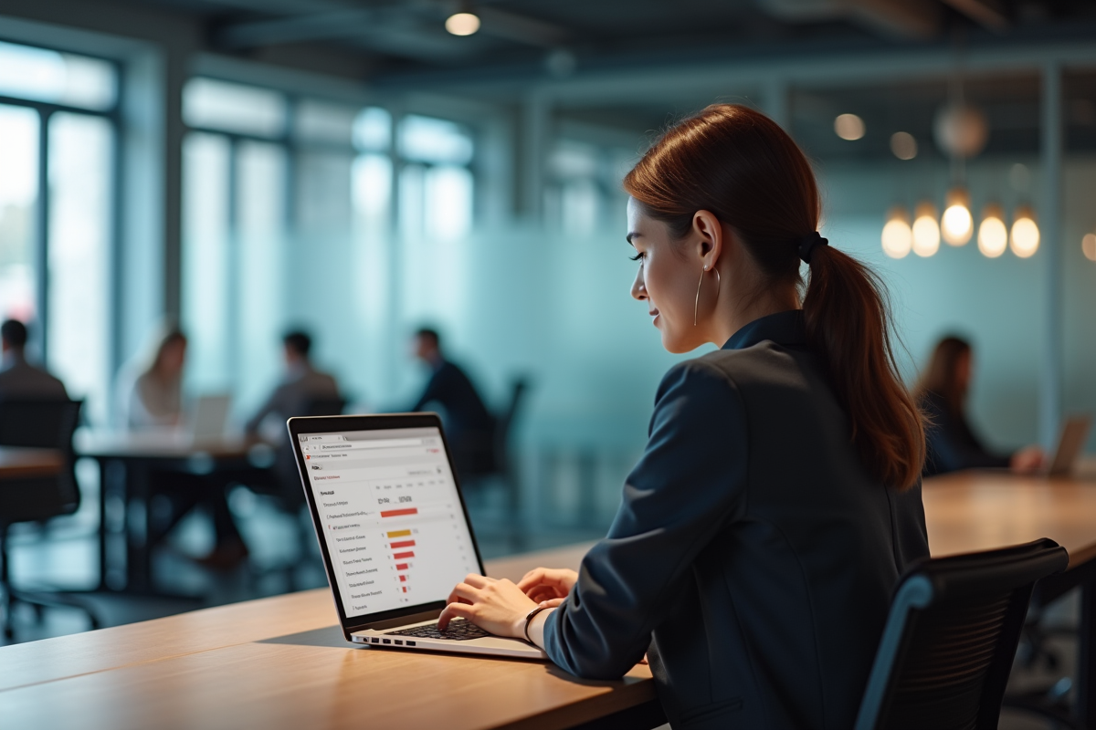 Jeune femme RH travaillant sur son ordinateur dans un espace coworking