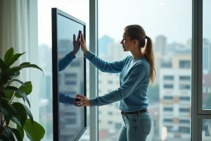 Femme en sweater bleu nettoyant une grande vitre avec un robot