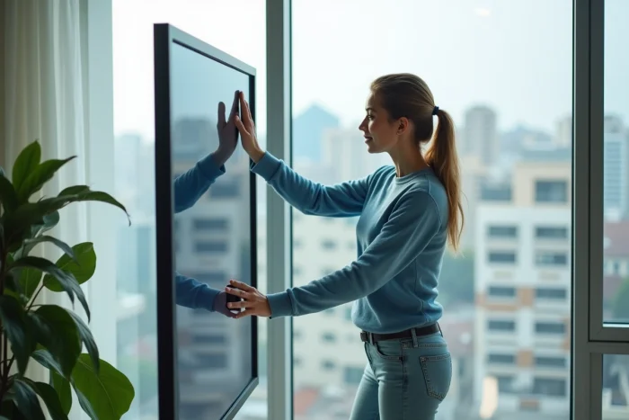Femme en sweater bleu nettoyant une grande vitre avec un robot