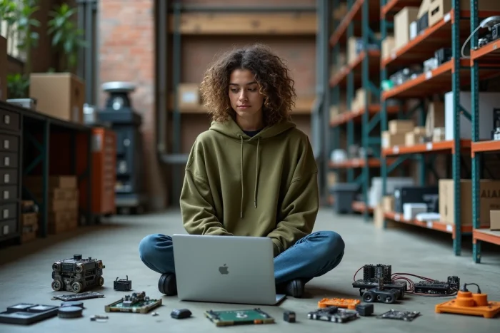 Jeune femme travaillant sur des composants robotiques et un ordinateur portable dans un makerspace urbain, symbolisant l'innovation technologique DIY