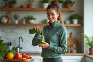 Femme souriante versant un smoothie vert dans la cuisine
