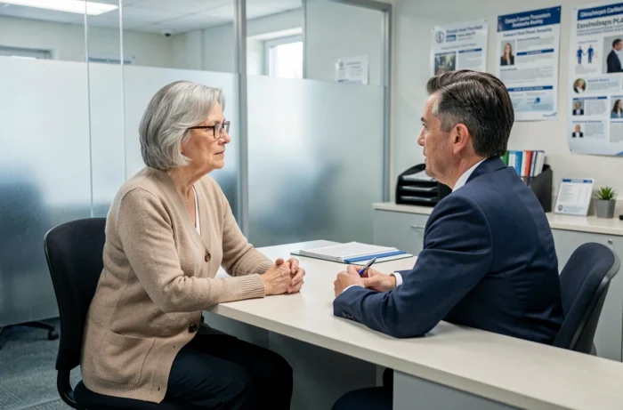 Une femme senior en entretien avec un conseiller Pôle Emploi pour prolonger ses allocations chômage