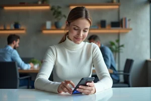 Femme utilisant un smartphone pliable dans un espace de travail technologique moderne, illustrant les dernières innovations high-tech