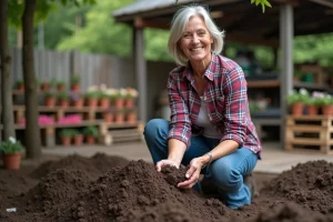 Femme d'âge moyen examinant la terre de son jardin