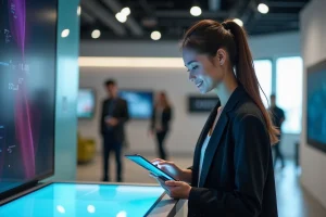 Jeune femme utilisant une tablette pliable dans un showroom moderne