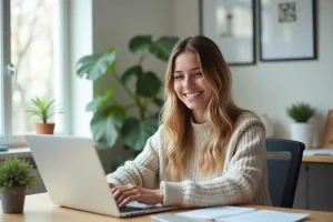 Jeune femme souriante travaillant sur un ordinateur portable dans un bureau moderne