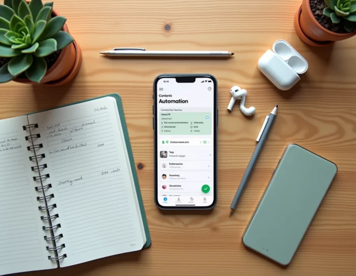 Vue du dessus d'un bureau avec smartphone affichant un outil d'automatisation de réseaux sociaux et un carnet de stratégie de contenu