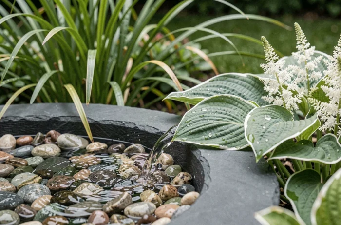 Fontaine de jardin en ardoise entourée d'hostas et de graminées ornementales avec gouttes d'eau sur les feuilles