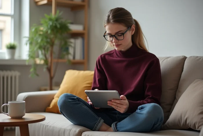 Étudiante consultant sa messagerie académique Paris sur une tablette depuis son appartement