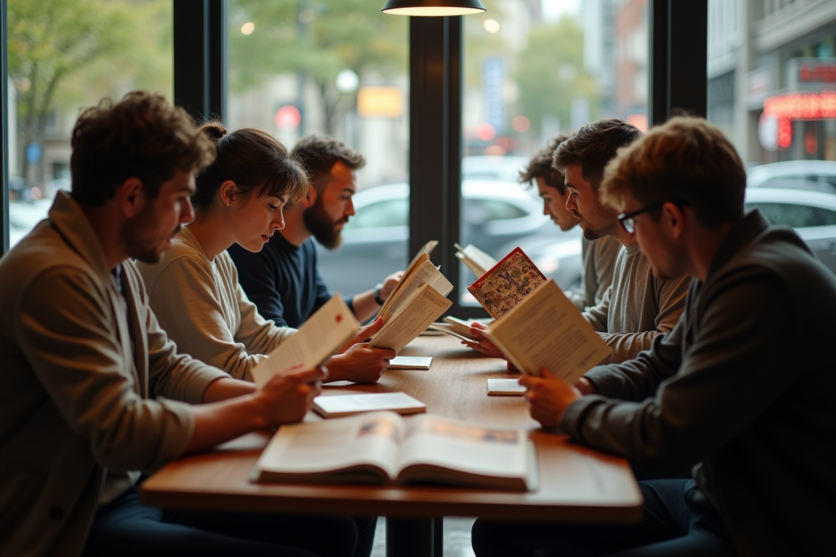 Groupe de personnes lisant des mangas dans un café convivial
