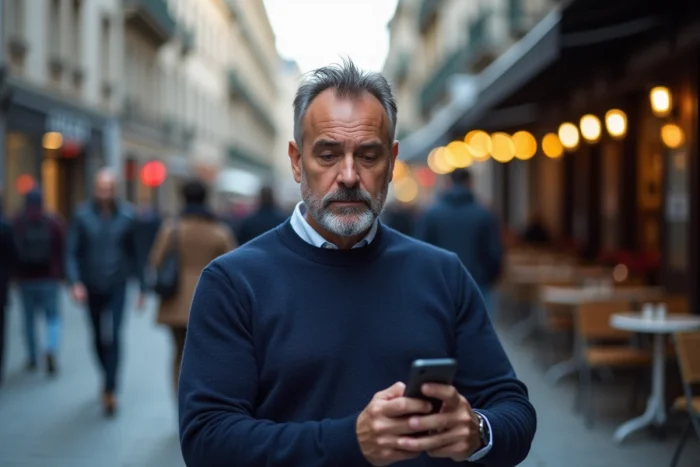 Homme consultant l'actualité internationale sur son smartphone dans une rue animée de la ville