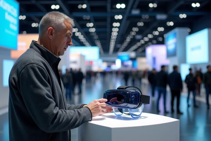 Homme examinant un casque de réalité augmentée lors d'un salon high-tech, représentant les grandes tendances technologiques du moment
