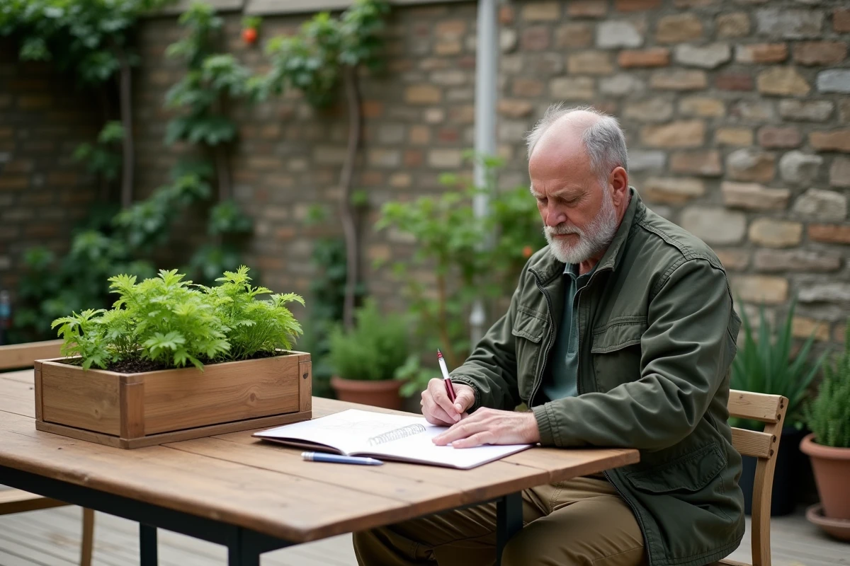 Homme dessinant un petit jardin potager sur une terrasse