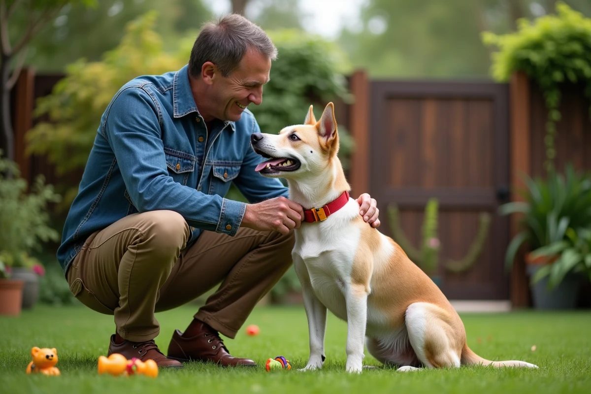 Homme attachant un collier à un chien dans le jardin