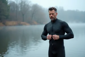 Homme d'âge moyen en combinaison néoprène au bord d'un lac en hiver
