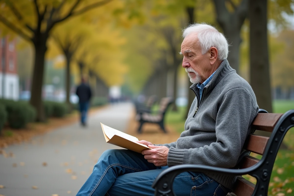 Homme âgé assis sur un banc dans un parc avec courrier