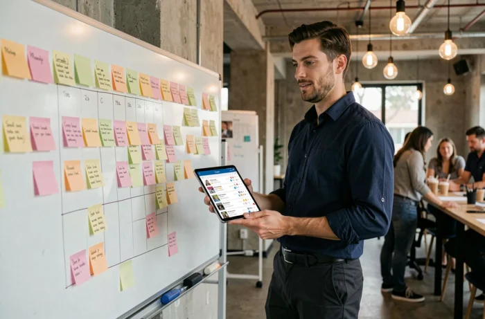 Homme utilisant une application de planification de publications sur les réseaux sociaux dans un espace de coworking