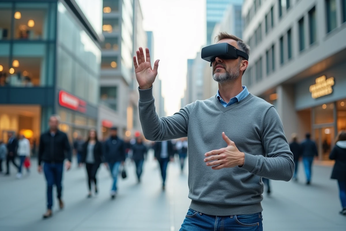 Homme avec lunettes AR dans une place urbaine animée