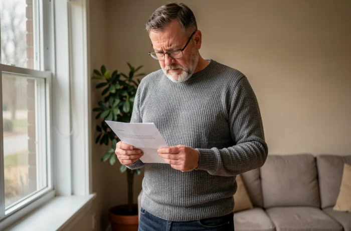 Un homme de 60 ans lisant une lettre officielle concernant ses droits à l'allocation chômage jusqu'à la retraite