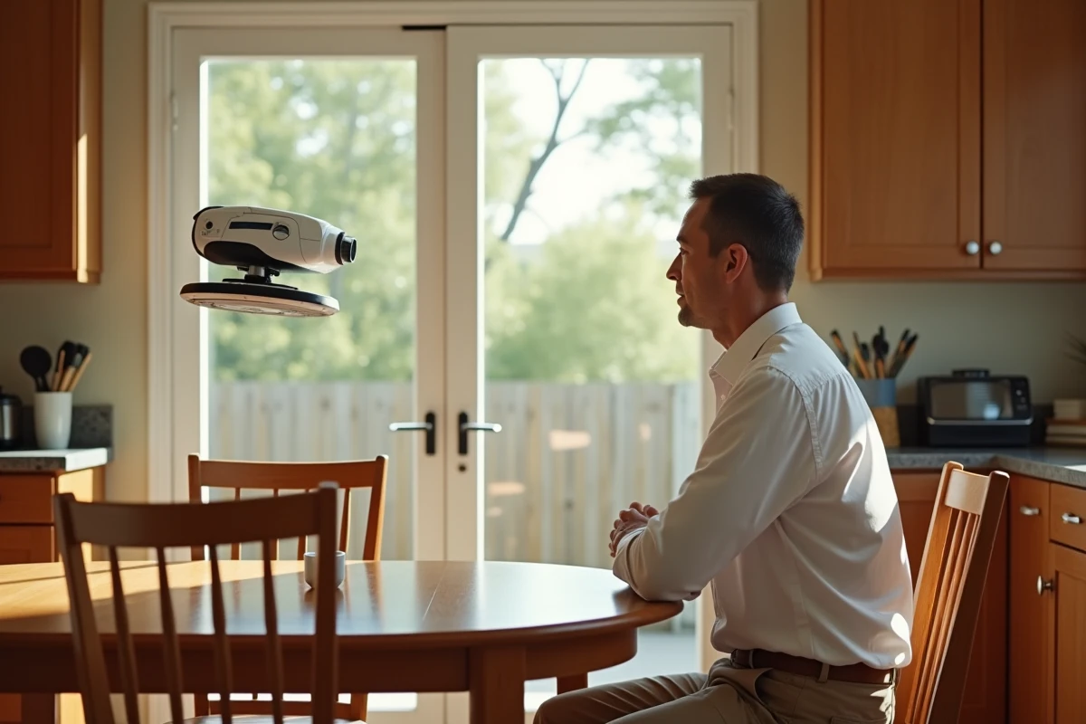 Homme regardant un robot nettoyer une porte vitrée en cuisine
