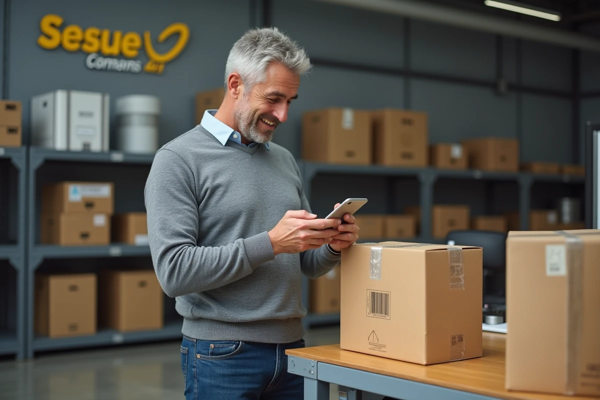 Homme scannant un colis dans un entrepôt postal