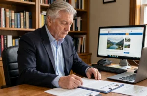 Un homme de 58 ans examine des documents d'indemnisation chômage dans son bureau à domicile