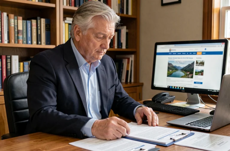 Un homme de 58 ans examine des documents d'indemnisation chômage dans son bureau à domicile