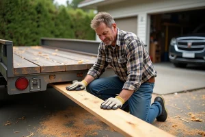 Homme en jeans et gants posant une planche en bois