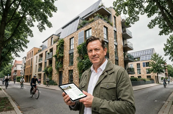 Investisseur devant un immeuble résidentiel écologique avec jardins verticaux et panneaux solaires dans un quartier durable