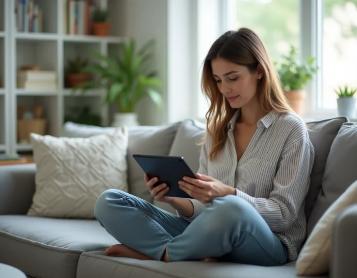 Femme installant une application Android via un fichier APK sur une tablette dans un salon moderne