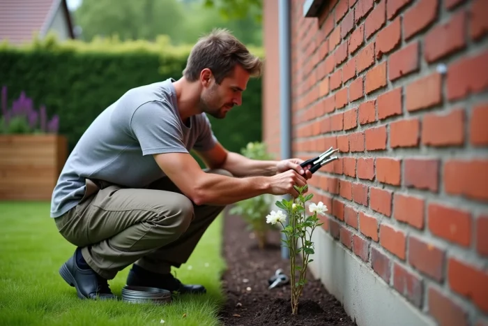 Homme installant des œillets en acier inoxydable dans un mur en brique pour fixer un jasmin grimpant dans un jardin extérieur