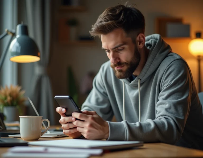Homme utilisant un smartphone Android pour installer une application sans compte Google depuis son bureau à domicile
