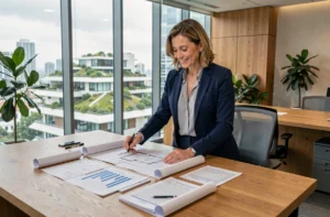 Femme professionnelle analysant des documents d'investissement immobilier éthique dans un bureau moderne avec vue sur la ville
