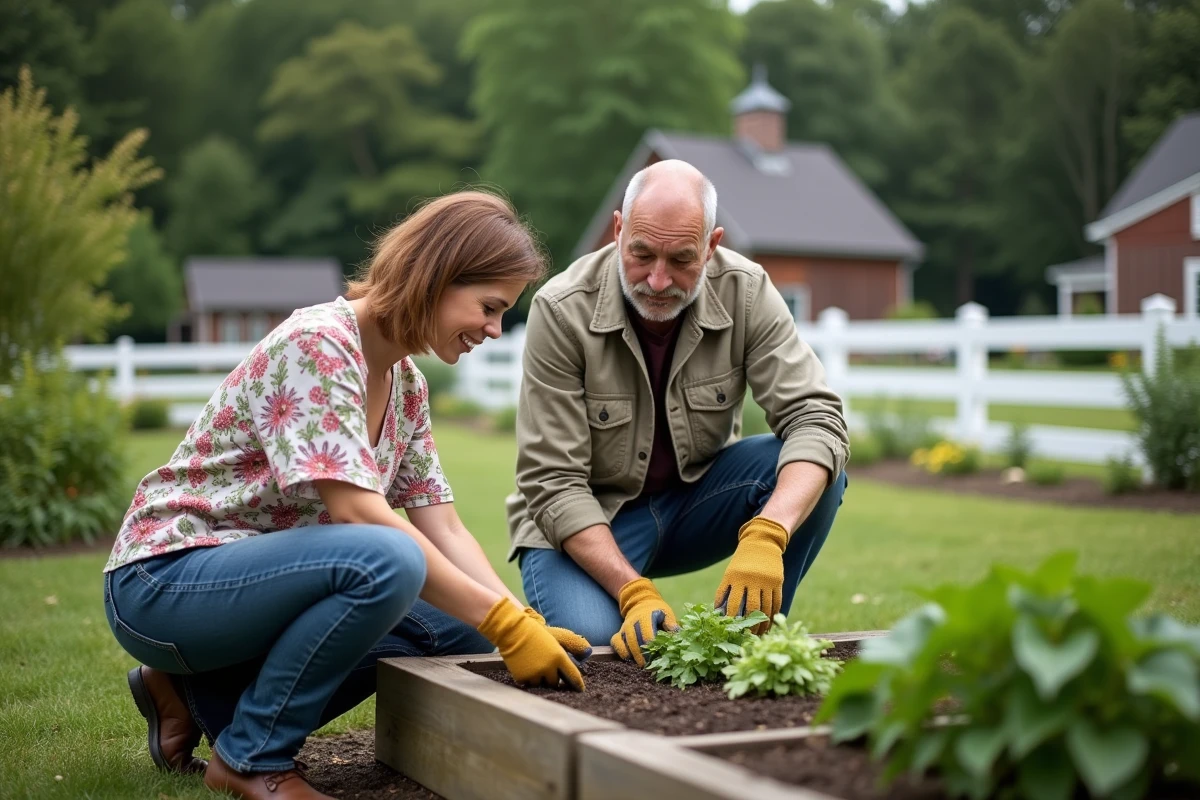 Femme et homme jardinant dans un jardin verdoyant
