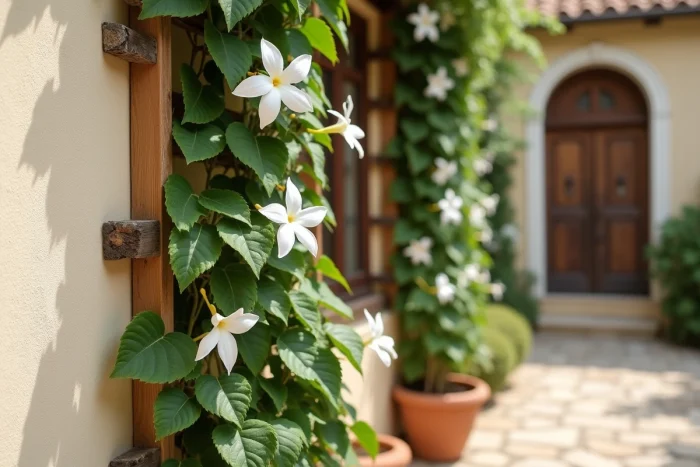Jasmin grimpant en fleur avec fleurs blanches attaché sur un treillis en bois fixé à un mur extérieur crépi de style méditerranéen