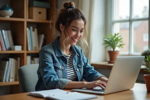 Jeune femme en bureau cosy avec ordinateur portable