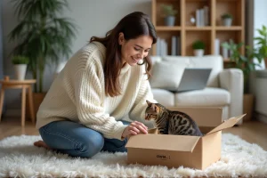 Jeune femme déballant un lit pour chat avec un chaton curieux
