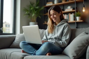 Jeune femme souriante avec hoodie gris dans un salon cosy