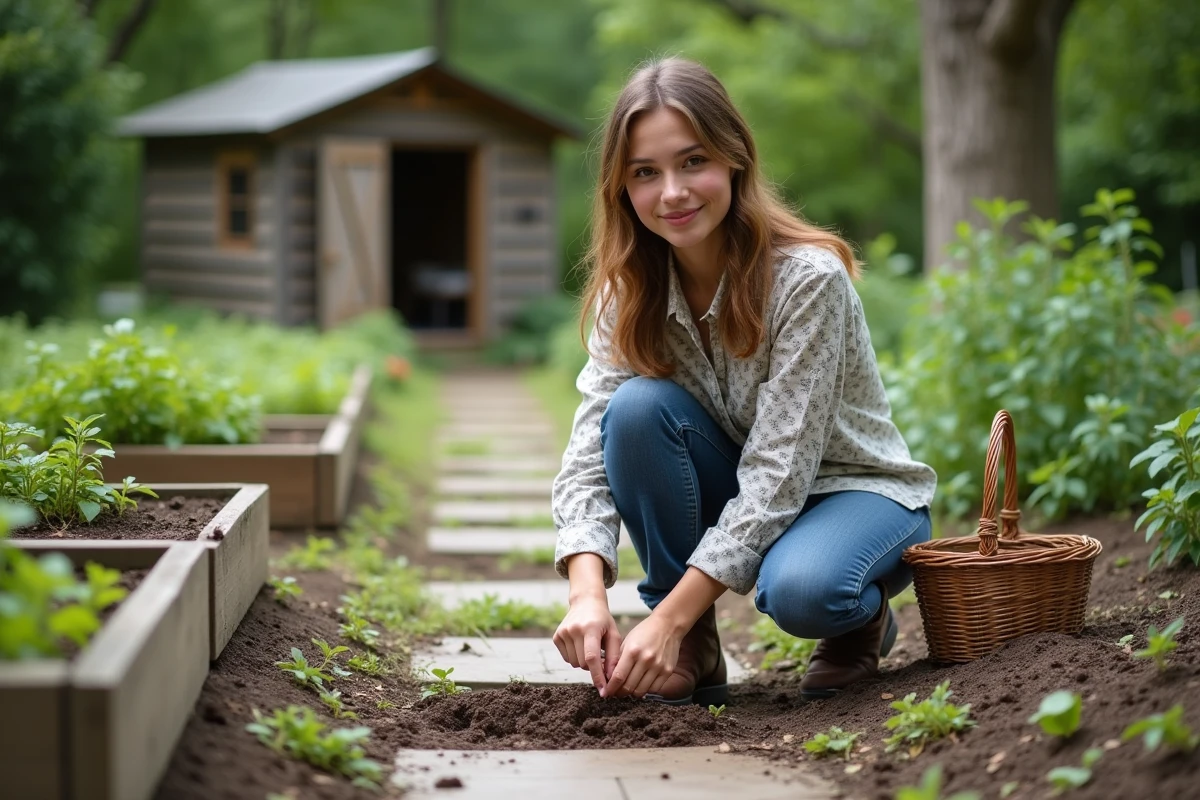 Jeune femme plantant des jeunes pousses dans un jardin spacieux