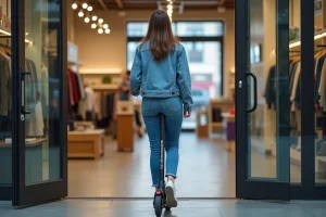 Jeune femme en jean poussant un scooter électrique devant un magasin moderne